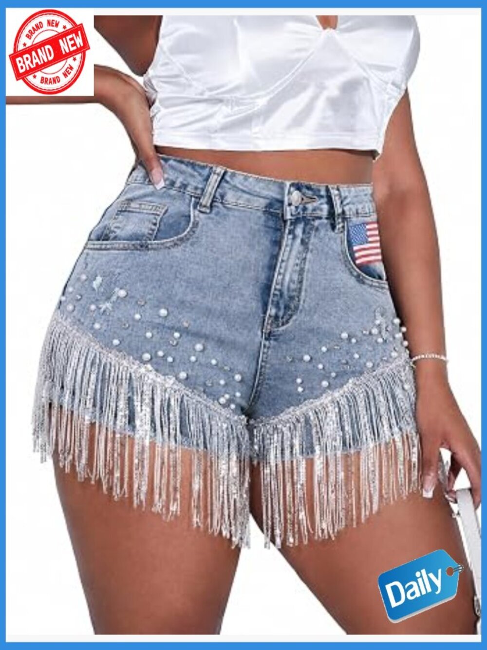 High Waist Denim Shorts Ripped Fringe Rhinestone Pearl Beaded Tassel Frayed Hem